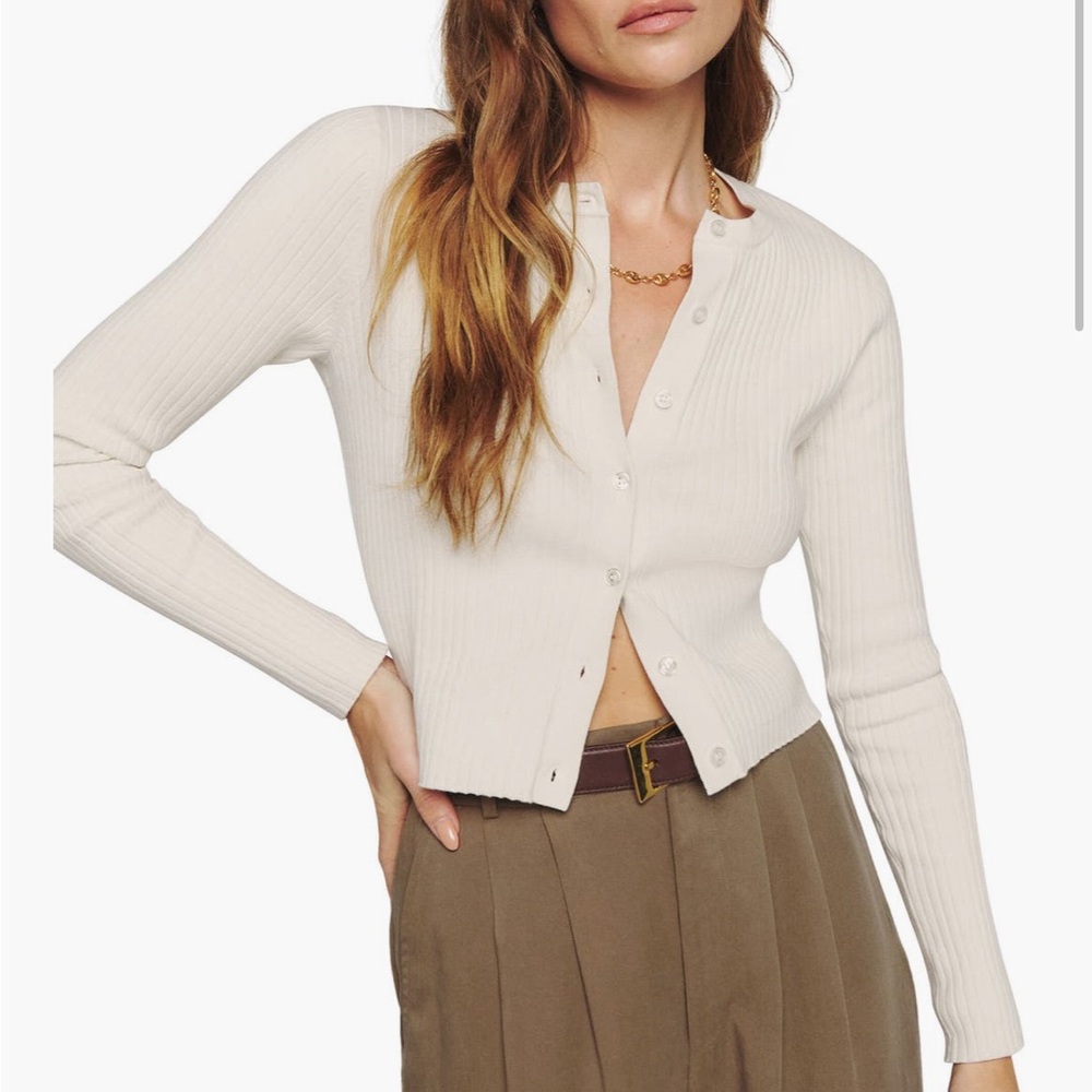 Reformation Joanne Crop Organic Cotton Blend Rib Cardigan in Fior di Latte